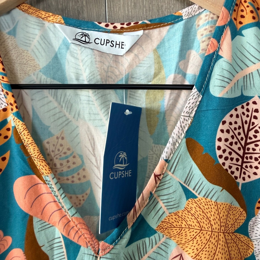 CUPSHE Mini Dress Women Large Blue Tropical Leaf Flutter Sleeve Button Boho NWT - Picture 3 of 7